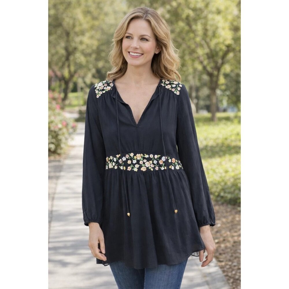 TORY BURCH Black Crepe Multi-Color Floral Embroidery Tie Collar Tassels Shirt